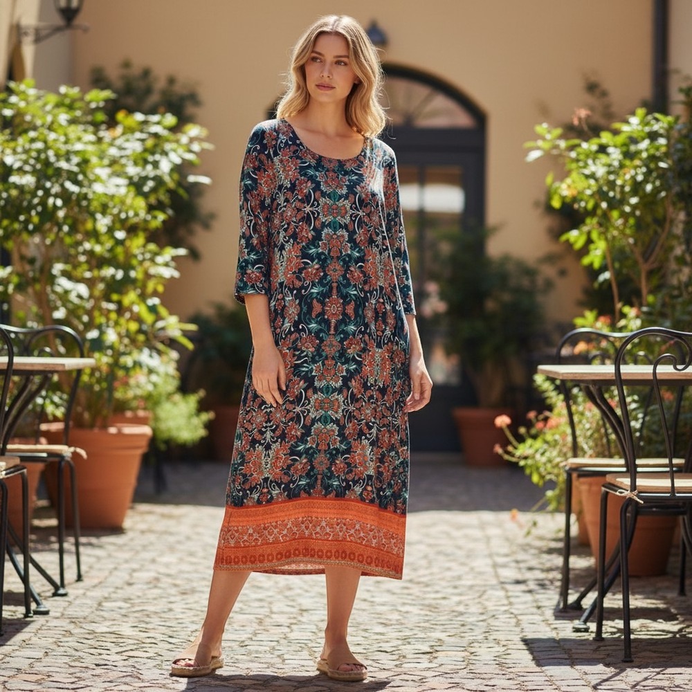 Tacera Boho Paisley Floral Shift Dress Navy Orange 2X 9819ELKX-401
